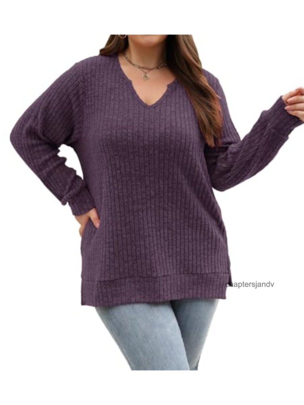 Women's Plus Size Tunic Sweater Long Sleeve V-Neck Loose Knit Top